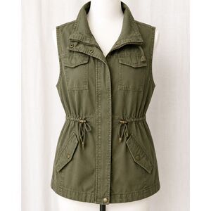 Sebby Olive Utility Cargo Vest Cotton Drawstring Safari Military Jacket L